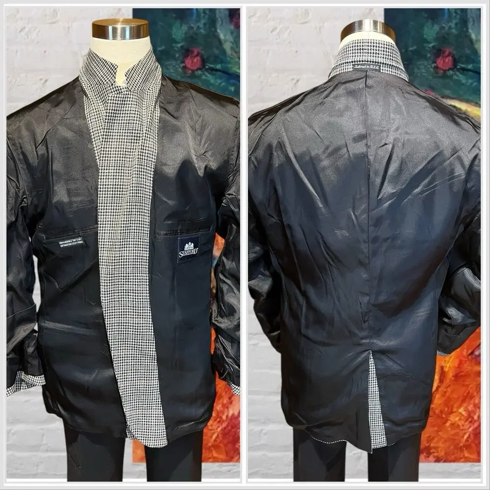 Stafford Mens 46R Black Beige Burgundy Houndstooth Plaid Blazer Sport Jacket - Picture 7 of 16